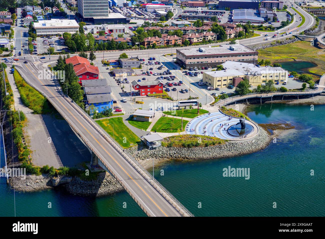 Aerial view of the Whale Project, a fountain in the shape of a whale next to Douglas Bridge in Juneau, the state capital of Alaska, USA, along the Gas Stock Photo