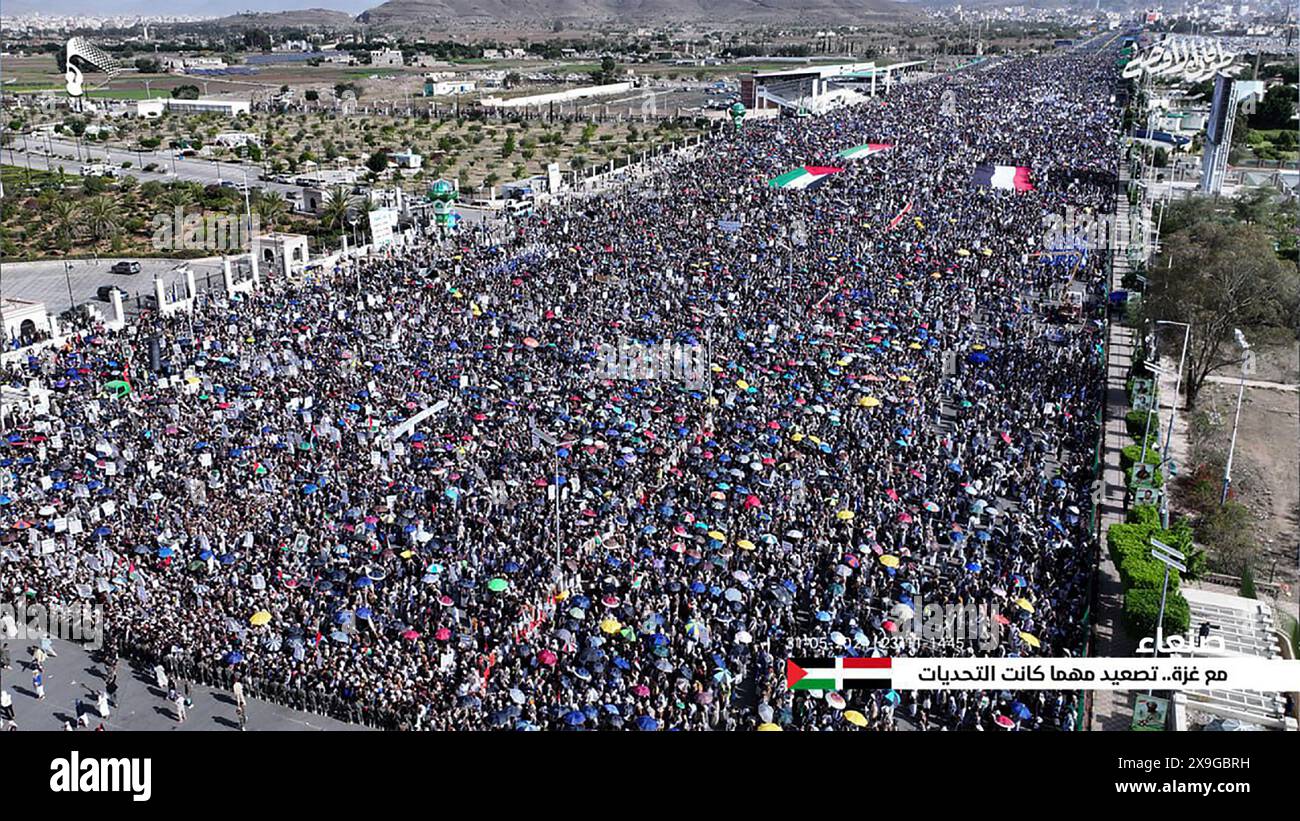 Sanaa, Yemen. 31st May, 2024. Protesters, largely Houthi supporters, rally to show solidarity with Palestinians in Gaza, amid the ongoing conflict between Israel and the Palestinian, in Sanaa, Yemen, on Friday on May 31, 2024. Photo by Houthi Group press Service/ Credit: UPI/Alamy Live News Stock Photo