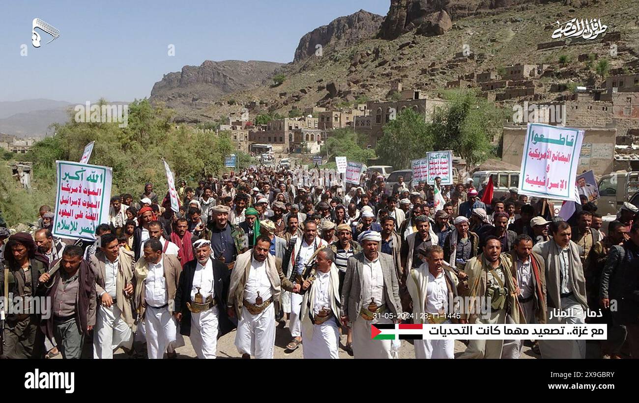 Sanaa, Yemen. 31st May, 2024. Protesters, largely Houthi supporters, rally to show solidarity with Palestinians in Gaza, amid the ongoing conflict between Israel and the Palestinian, in Sanaa, Yemen, on Friday on May 31, 2024. Photo by Houthi Group press Service/ Credit: UPI/Alamy Live News Stock Photo