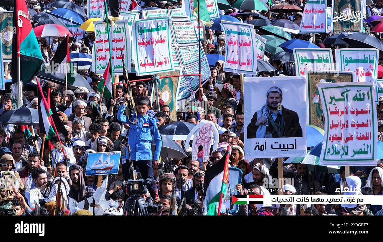 Sanaa, Yemen. 31st May, 2024. Protesters, largely Houthi supporters, rally to show solidarity with Palestinians in Gaza, amid the ongoing conflict between Israel and the Palestinian, in Sanaa, Yemen, on Friday on May 31, 2024. Photo by Houthi Group press Service/ Credit: UPI/Alamy Live News Stock Photo