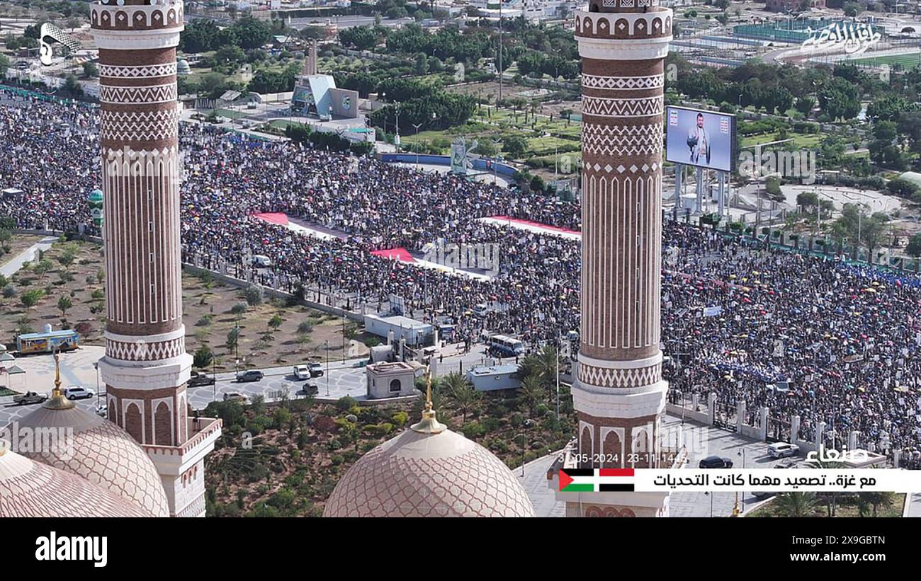 Sanaa, Yemen. 31st May, 2024. Protesters, largely Houthi supporters, rally to show solidarity with Palestinians in Gaza, amid the ongoing conflict between Israel and the Palestinian, in Sanaa, Yemen, on Friday on May 31, 2024. Photo by Houthi Group press Service/ Credit: UPI/Alamy Live News Stock Photo