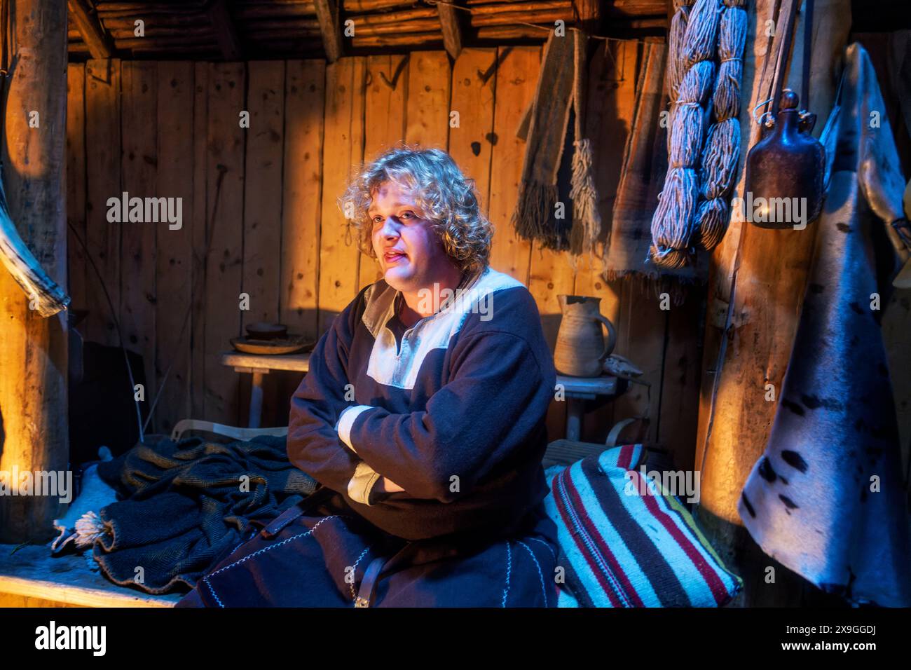 Recreations of Norse sod longhouse at L'Anse Aux Meadows, Newfoundland & Labrador, Canada.  Norstead: A Viking Village & Port of Trade is a reconstruc Stock Photo