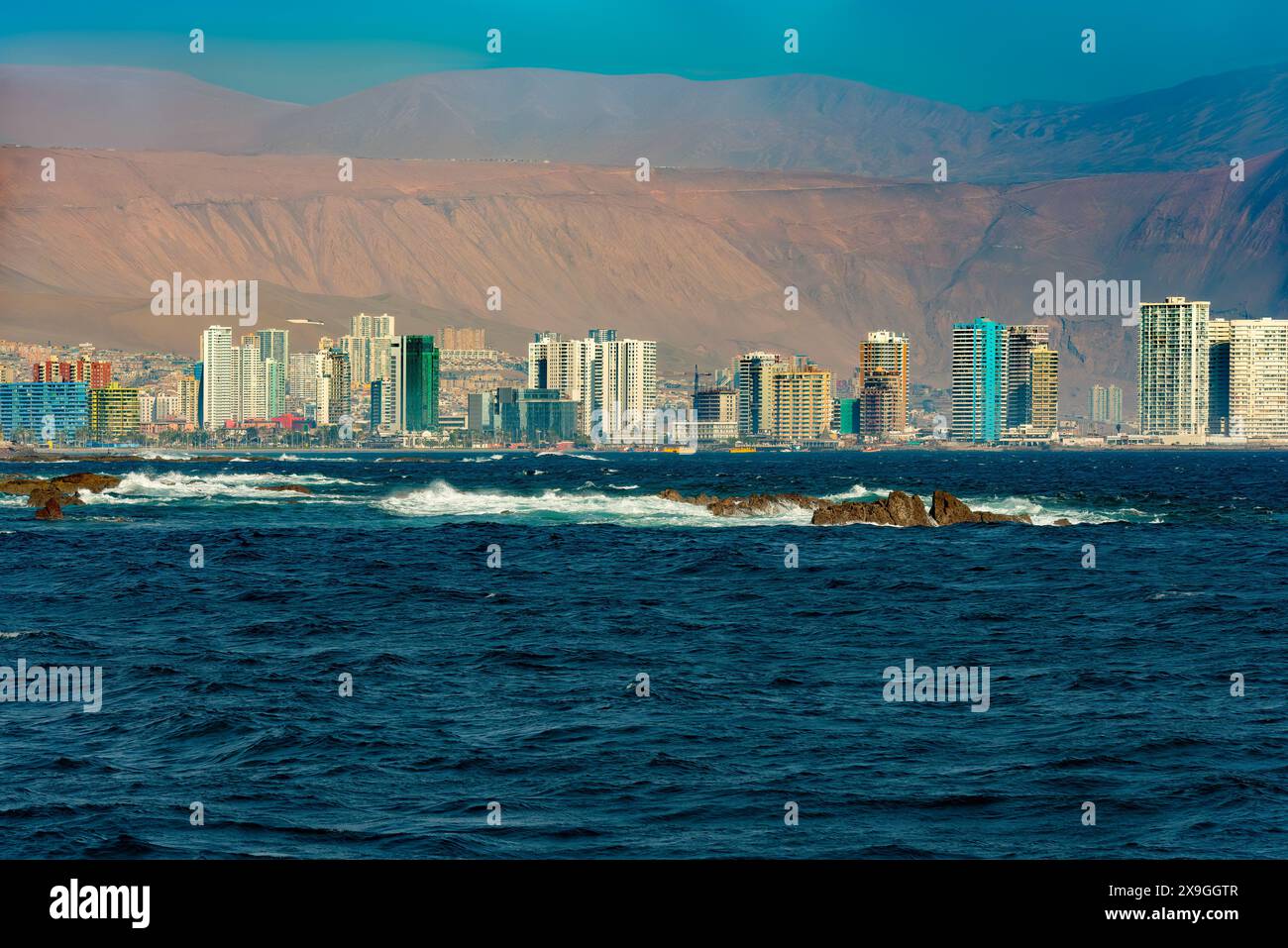 View from the ocean of the skyline of Iquique in northen Chile Stock ...