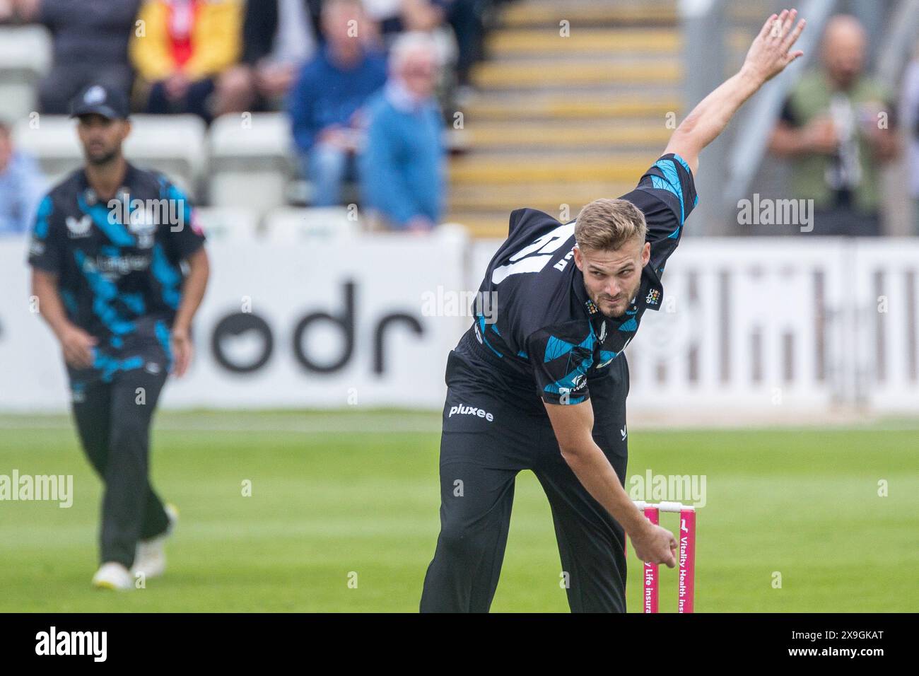 Adam Finch in action bowling taken in Worcester, UK during the Vitality Blast fixture between