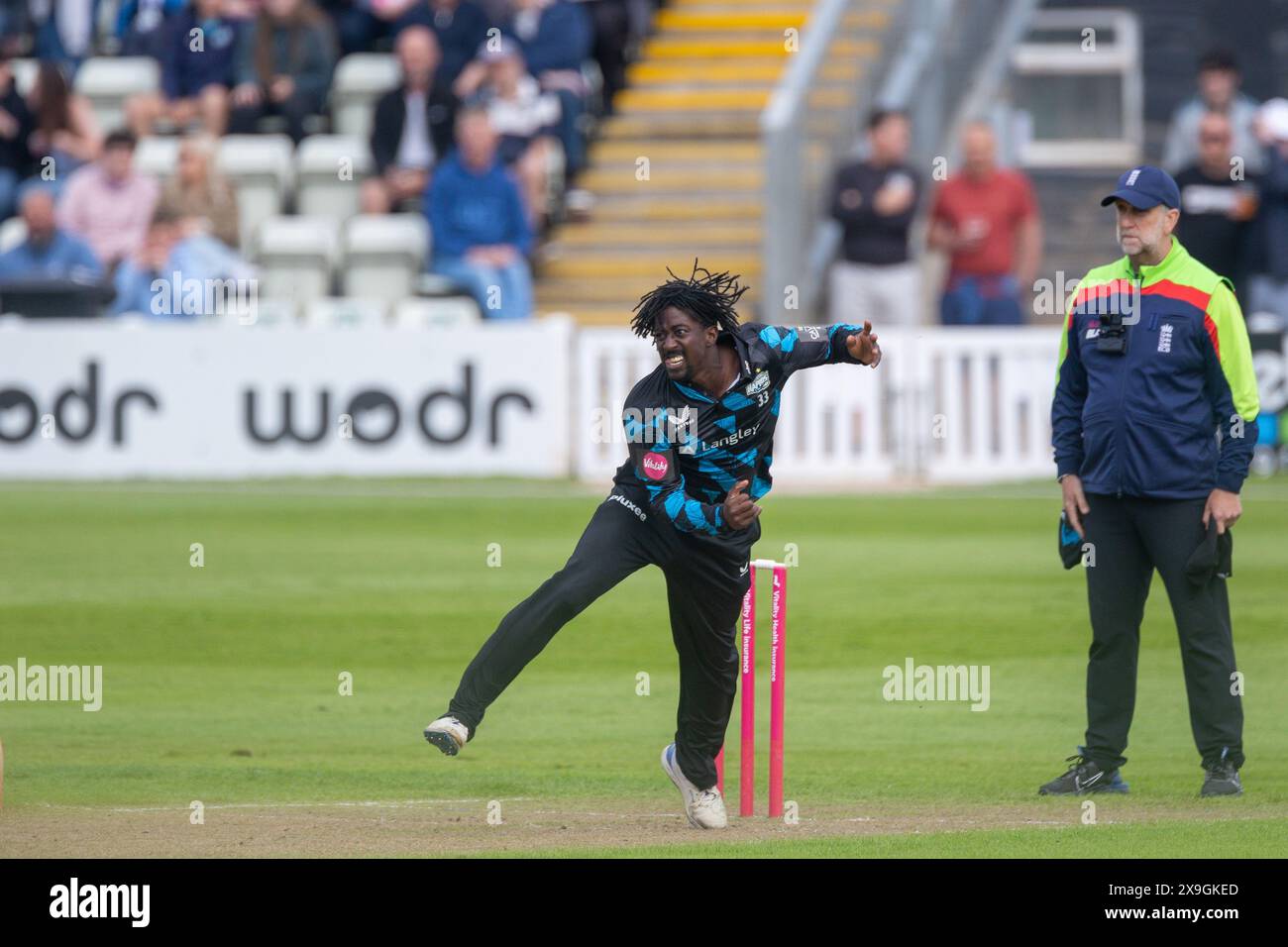 Hayden Walsh in action bowling taken in Worcester, UK during the