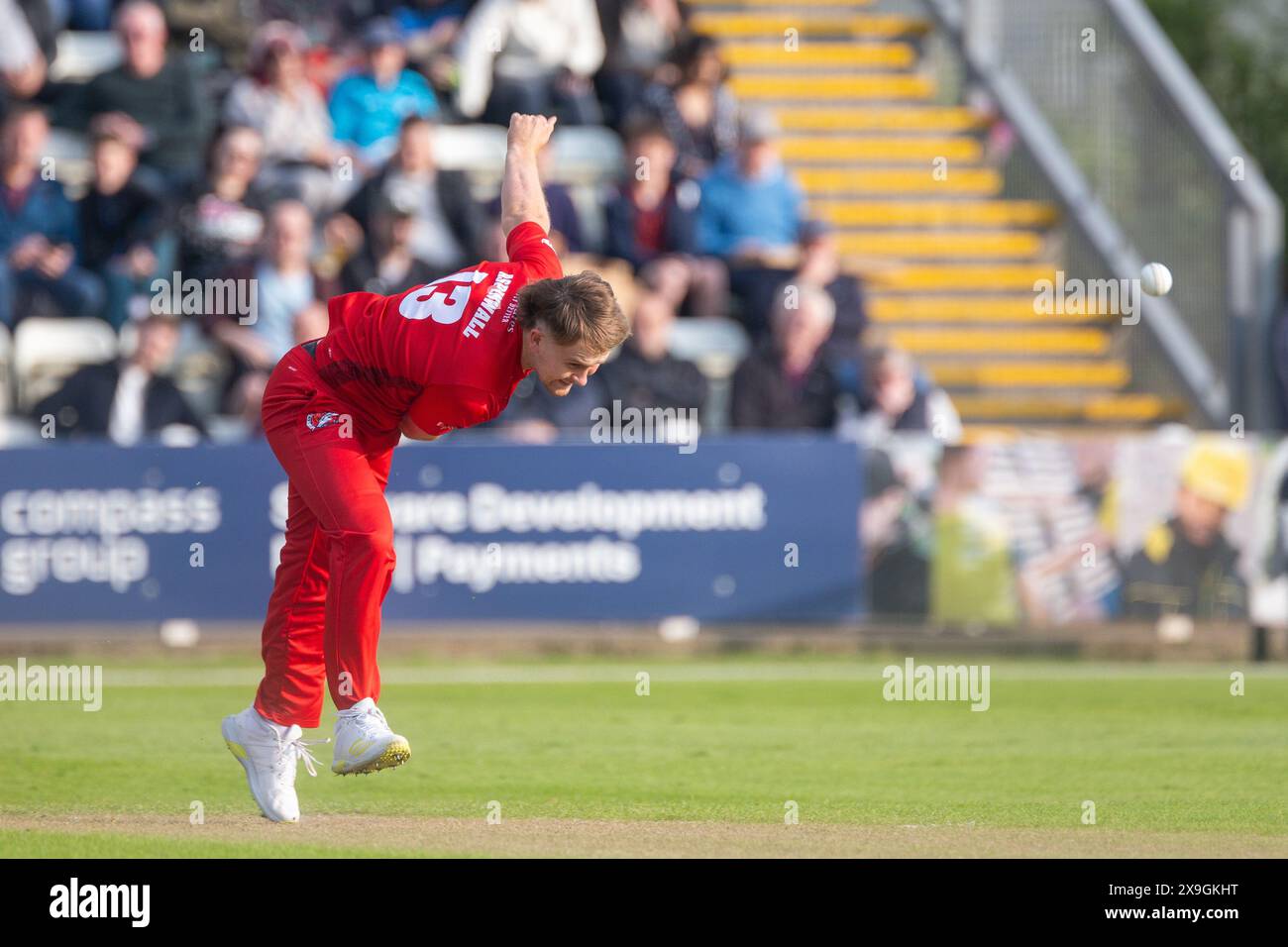 Tom Aspinwall in action bowling taken in Worcester, UK during the Vitality Blast fixture between
