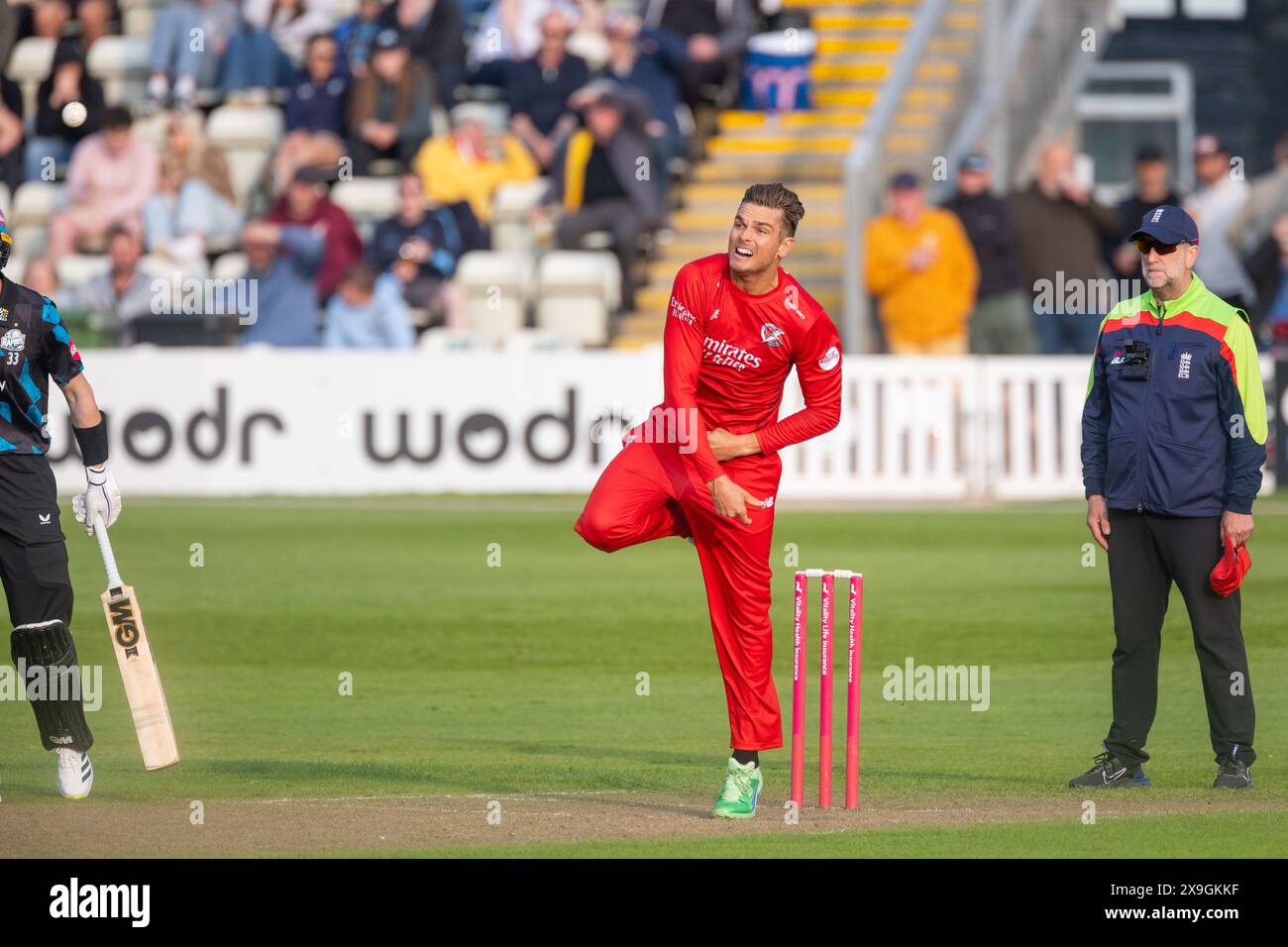 Chris Green in action bowling taken in Worcester, UK during the Vitality Blast fixture between