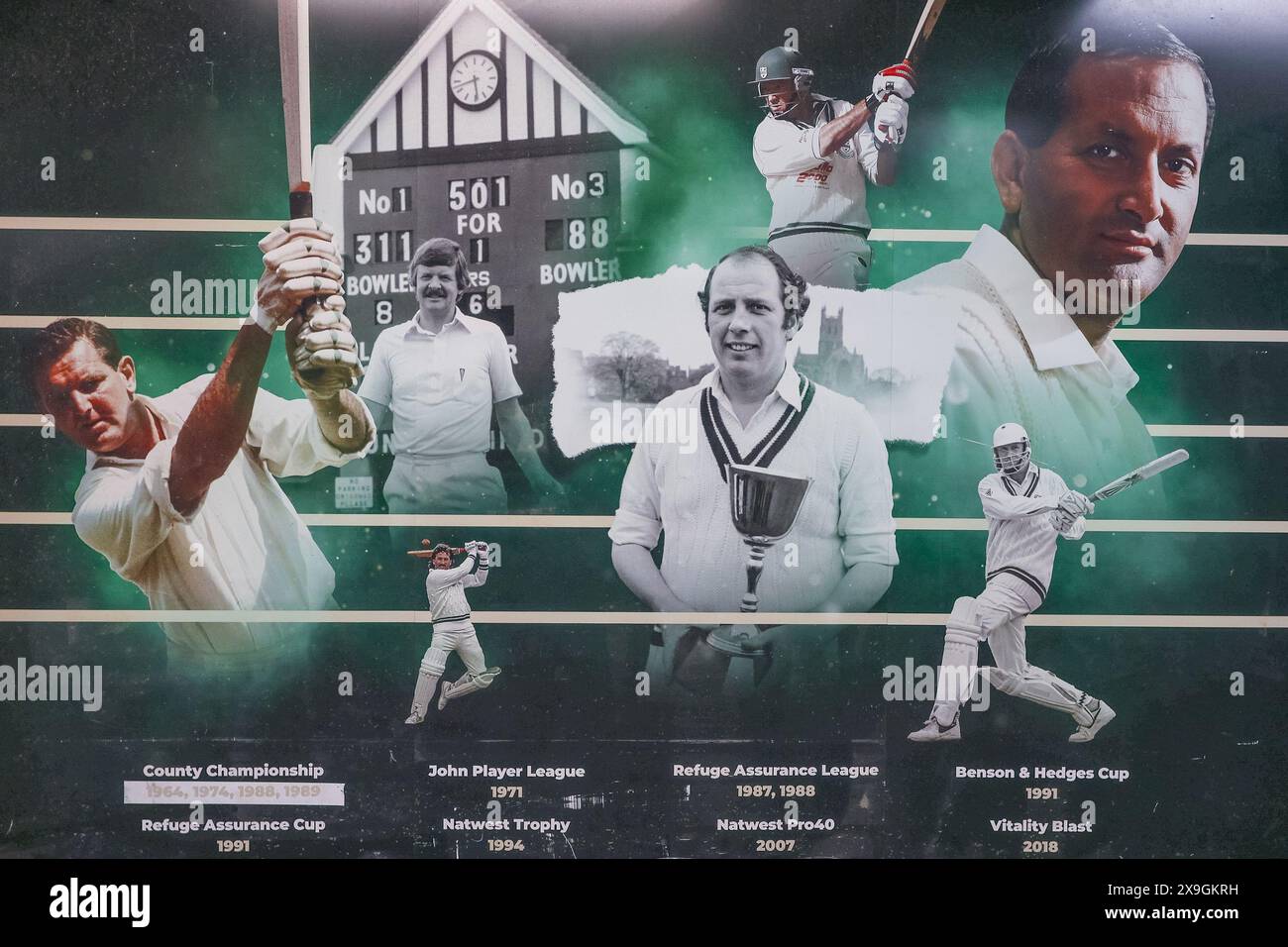 An iconic mural taken in Birmingham, UK ahead of the Vitality Blast fixture between Worcestershire Rapids & Lancashire Lightning on 31 May 2024, at Worcestershire County Cricket Club, New Road, Worcester Stock Photo