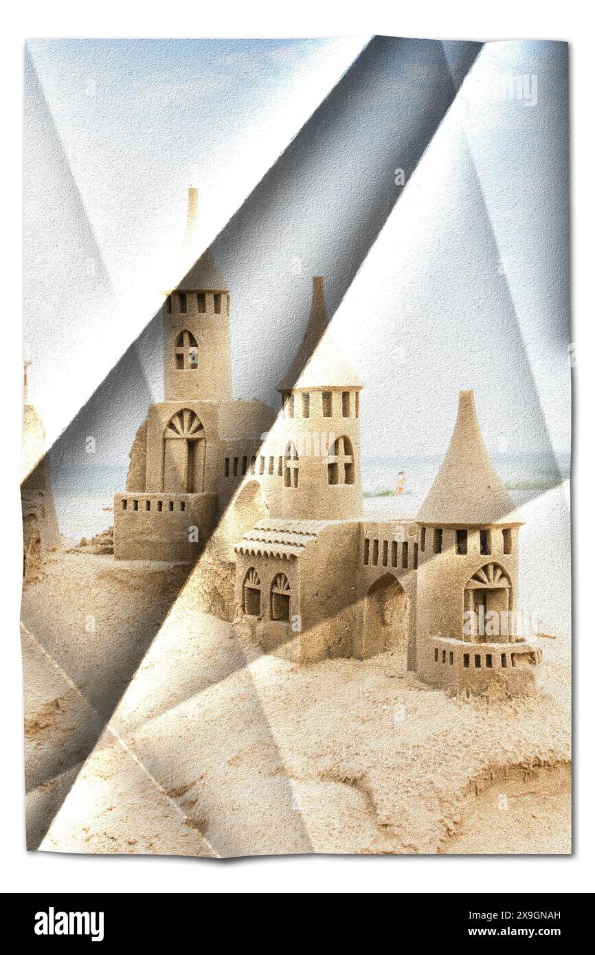 Creative picture of sendcastles on a sunny beach with blue sky. Concept of leisure, holiday, vintage nostalgia memory Stock Photo