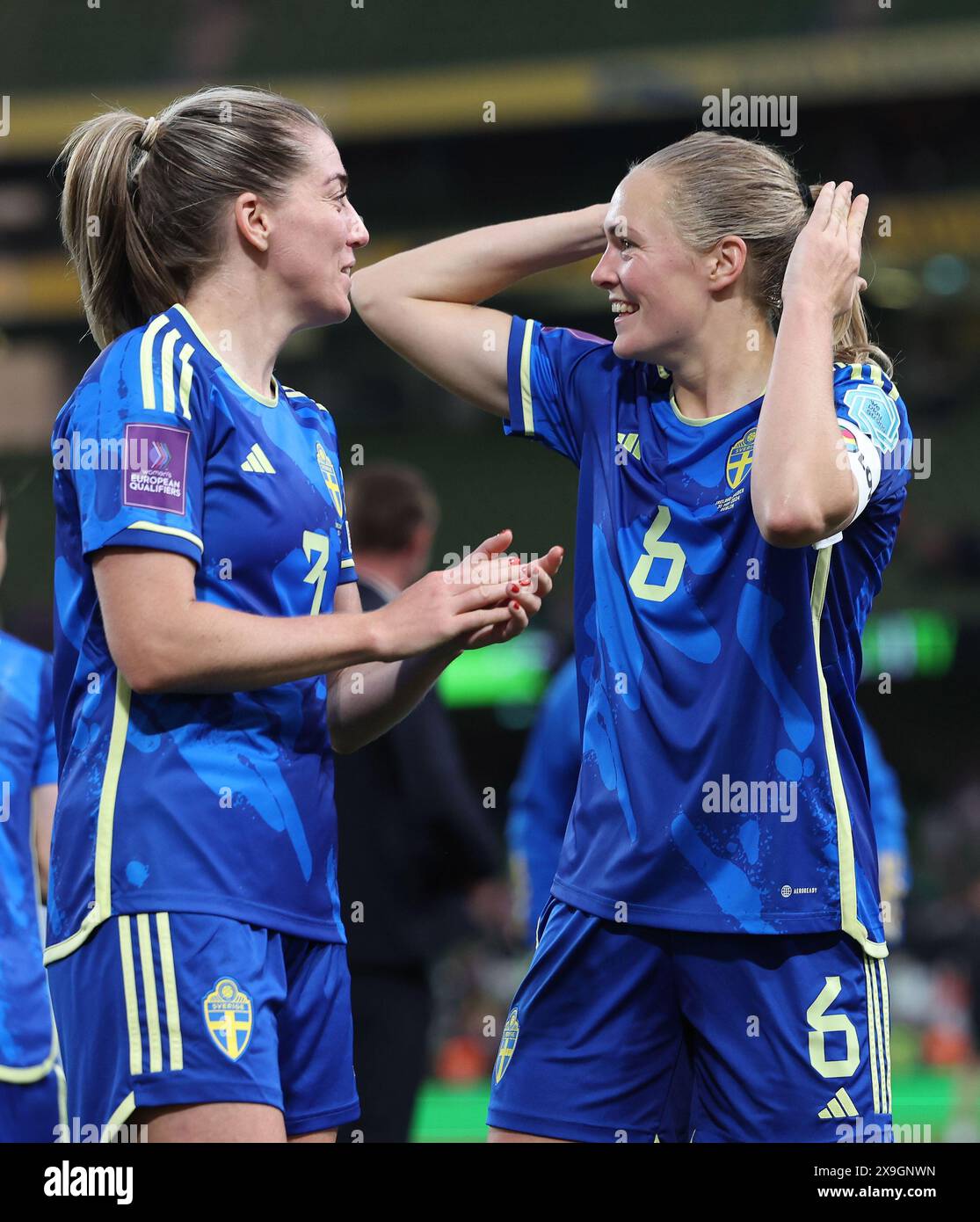 Sweden's Linda Sembrant (left) and Magdalena Eriksson celebrate after