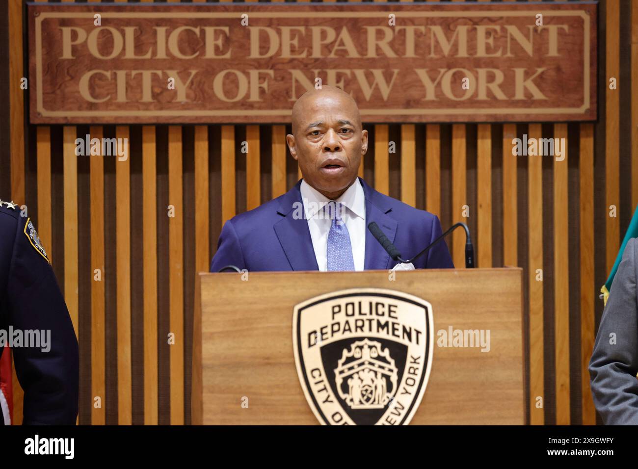 One Police Plaza, New York, USA, May 31, 2024 - Mayor Eric Adams and New York City Police Department (NYPD) Commissioner Edward Caban hold a briefing Stock Photo