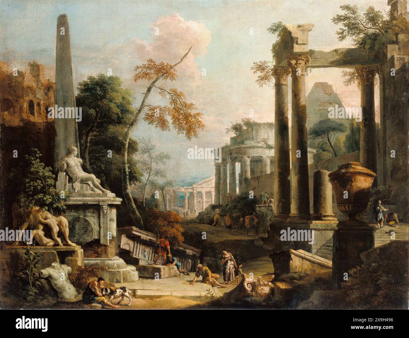 Painting of Landscape with Classical Ruins and Figures by Italian painter Marco Ricci and Sebastiano Ricci Oil on canvas art artwork masterpiece Stock Photo