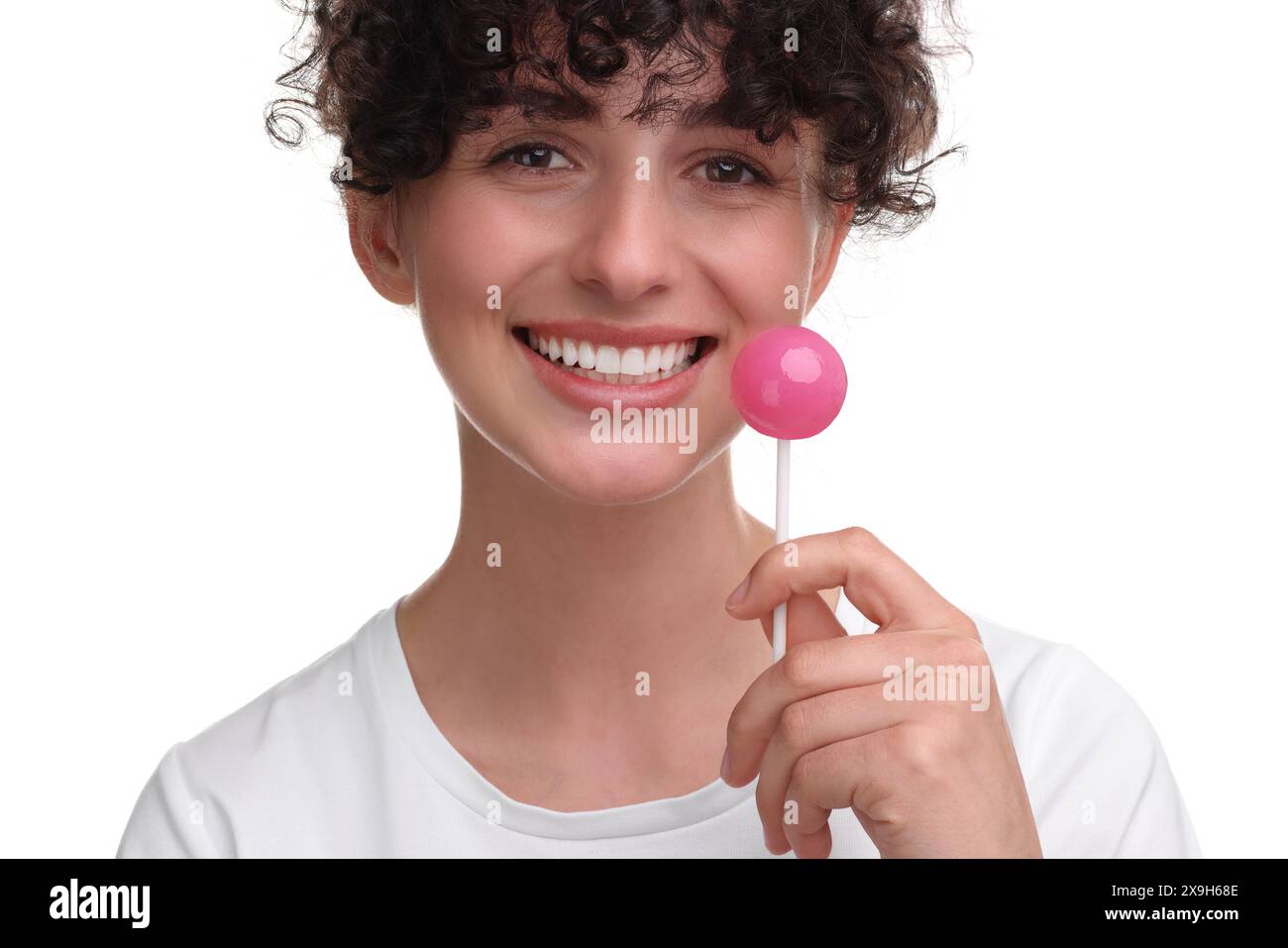 Beautiful woman with lollipop on white background Stock Photo