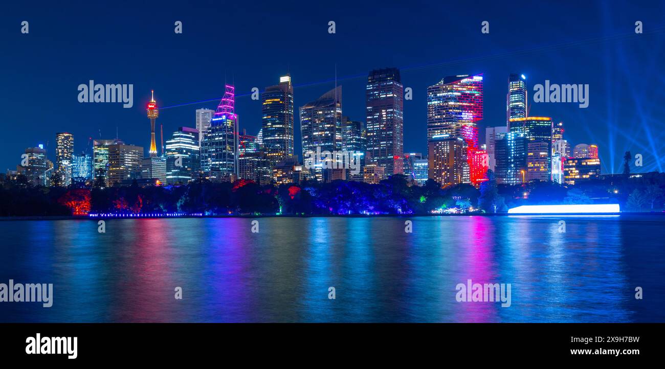 Sydney, Australia. 31 May 2024. Pictured:  Special lighting adorns the Sydney skyline during the 2024 'Vivid Sydney' festival, seen from Farm Cove on Sydney Harbour. Credit: Robert Wallace / Wallace Media Network / Alamy Live News Stock Photo