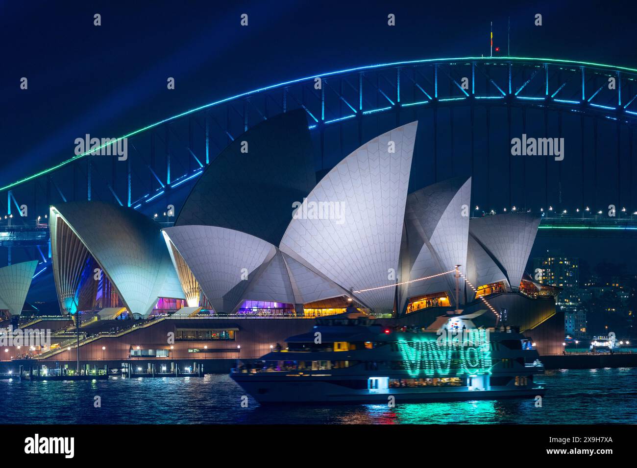Sydney, Australia, 31 May 2024. Pictured: Special lighting adorns Sydney Harbour during the 2024 'Vivid Sydney' light festival. Pictured: Sydney Opera House and Sydney Harbour Bridge seen from Farm Cove. Credit: Robert Wallace / Wallace Media Network Stock Photo