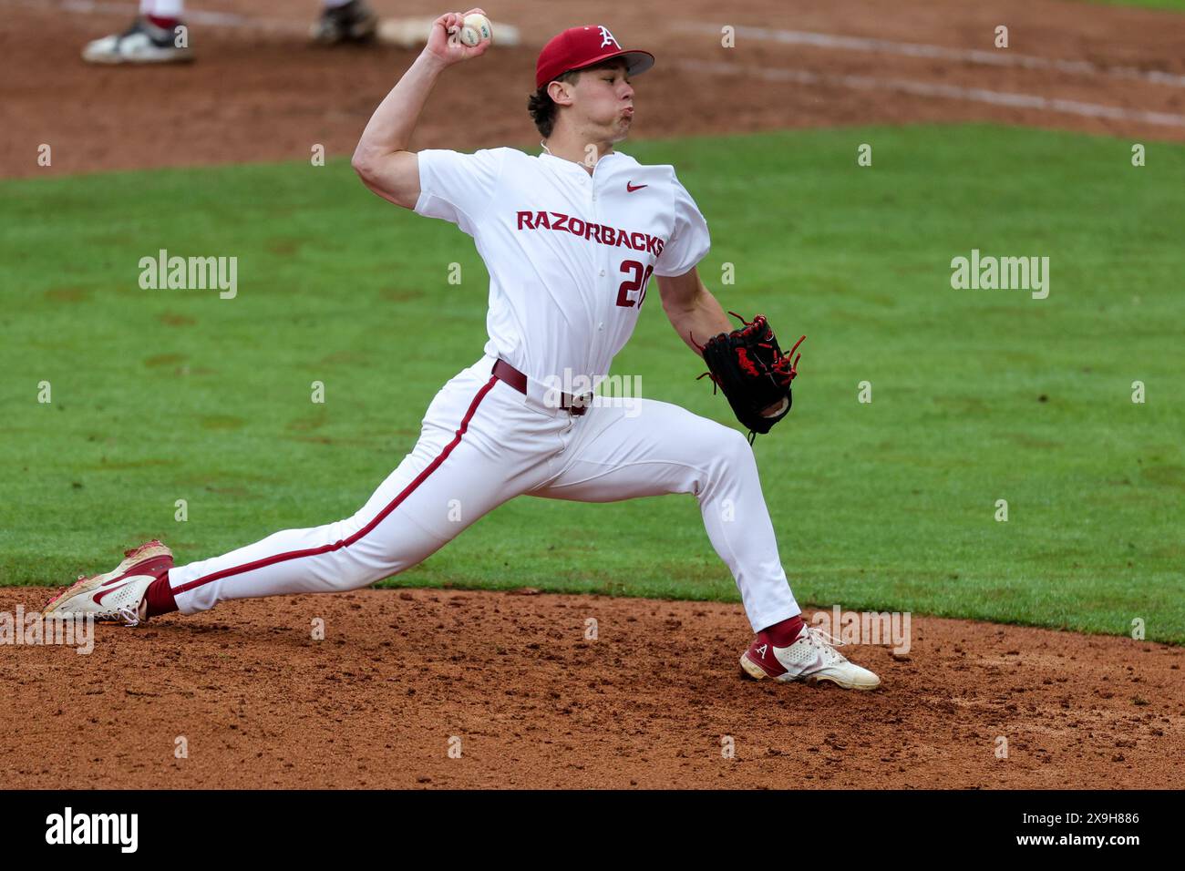 May 31, 2024: Razorback pitcher Gabe Gaeckle #20 works from the mound. Arkansas defeated Southeast Missouri State 17-9 in Fayetteville, AR. Richey Miller/CSM Stock Photo