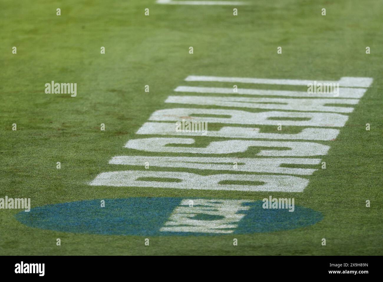 May 31, 2024: The NCAA baseball logo is painted on the field ready for first round regional play. Arkansas defeated Southeast Missouri State 17-9 in Fayetteville, AR. Richey Miller/CSM Stock Photo