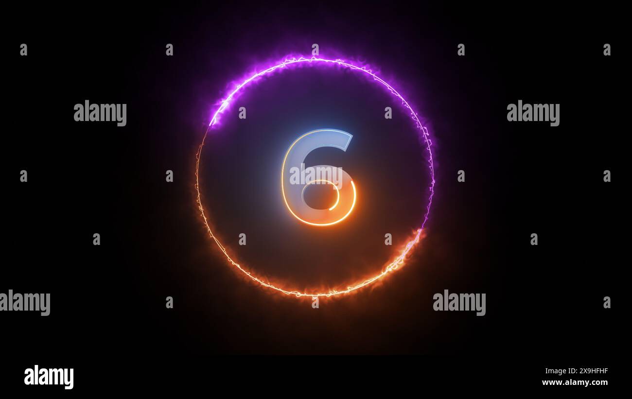 A digital rendering of the number six inside a glowing circle of purple and orange light. The image creates a futuristic and ethereal feeling, potenti Stock Photo