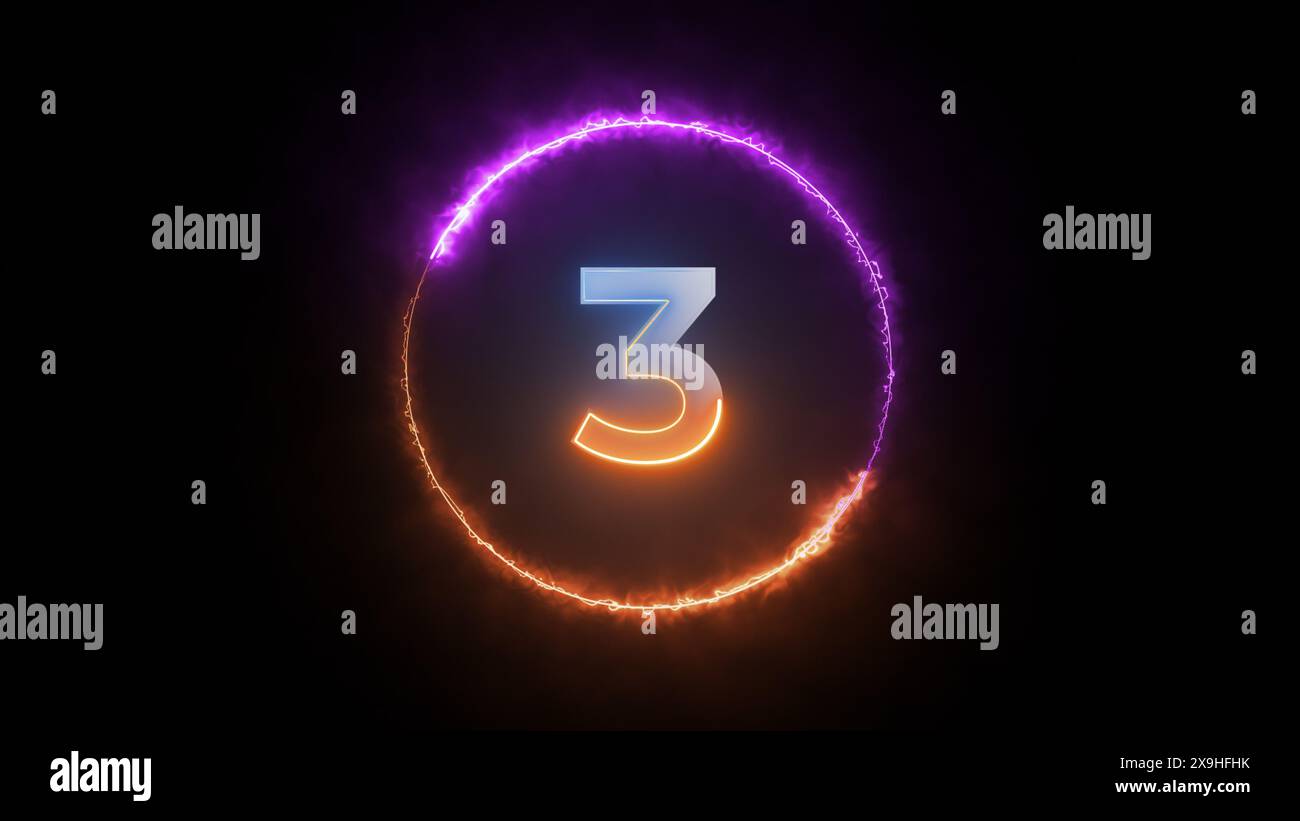 A digital countdown timer with the number three displayed in the center of a glowing circle. The circle is made of purple and orange light, and the nu Stock Photo