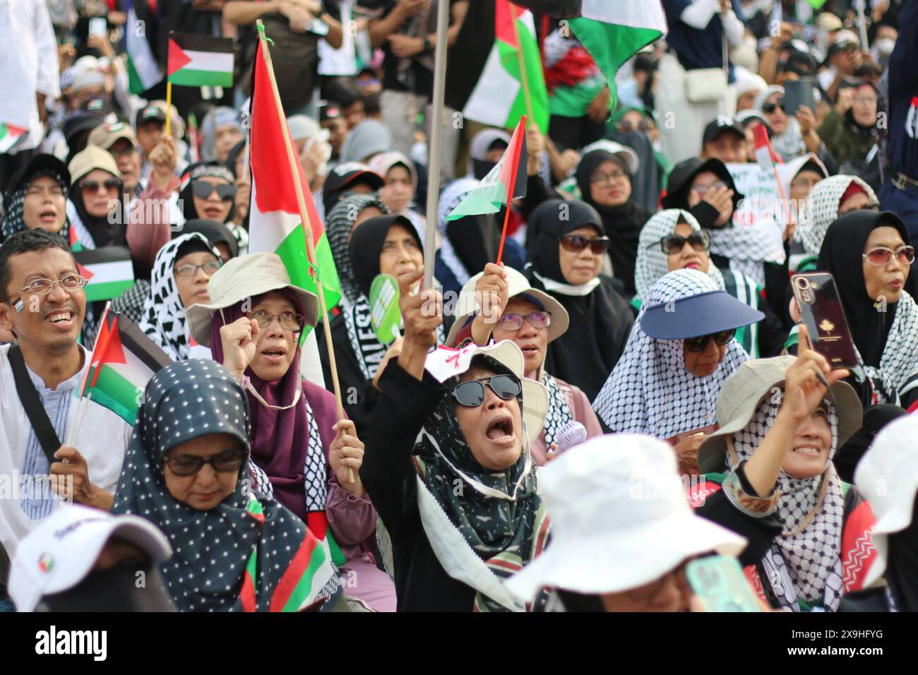 JAKARTA, INDONESIA - JUNE 1: A pro-Palestinian protester holds up a palestinian flag during pro-Palestinian demonstration in the front US embassy in Jakarta, Indonesia on June 1, 2024. The demonstration protested the Israeli military attack on Rafah, Gaza. Stock Photo