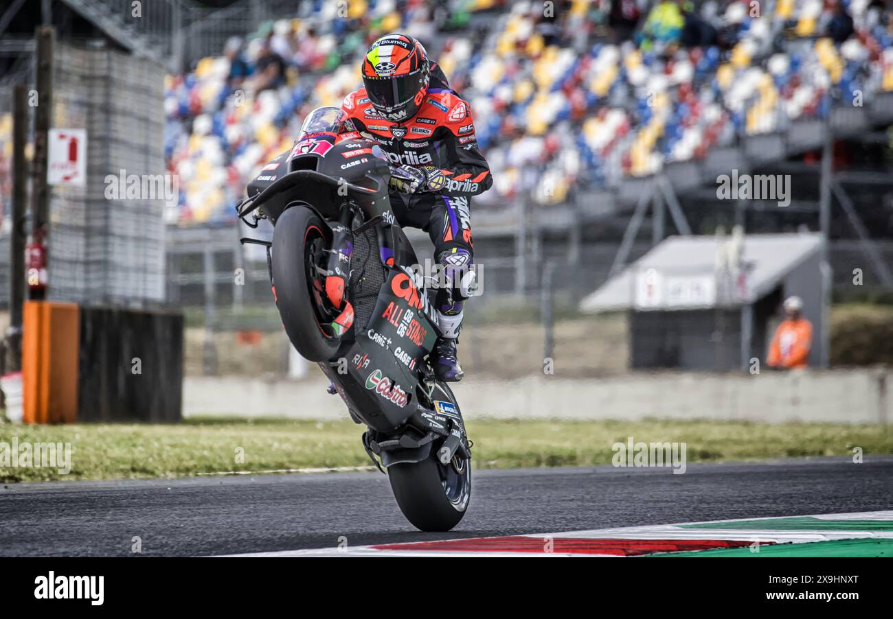 Aleix Espargaro Aprilia Racing Wheelie during The MotoGP racing weekend in the Mugello Circuit Italy June 2nd 2024 Scarperia e San Pietro Firenze Stock Photo