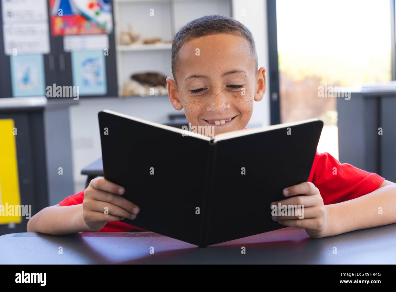 In a school classroom, a young biracial student reads a book Stock ...