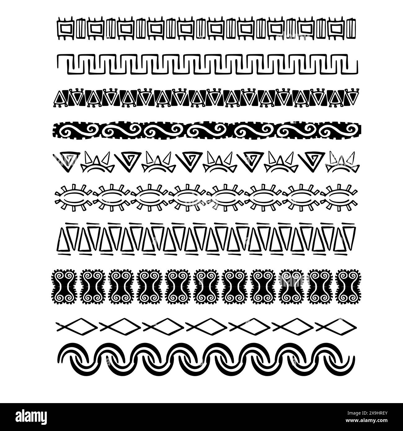 Set aztec tribal motive border in doodle hand drawn style from geometrical shapes isolated on white background. boho scandinavian srtoke, traditional native decor. Vector illustration Stock Vector