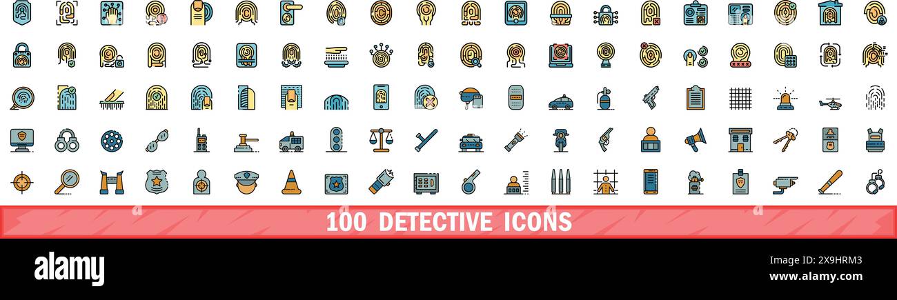 100 detective icons set. Color line set of detective vector icons thin line color flat on white Stock Vector