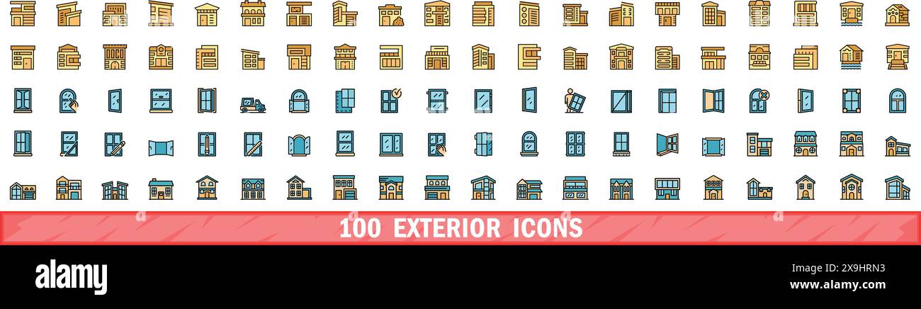 100 exterior icons set. Color line set of exterior vector icons thin ...