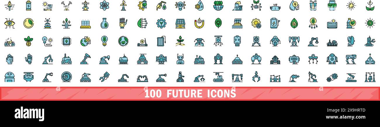100 future icons set. Color line set of future vector icons thin line color flat on white Stock Vector