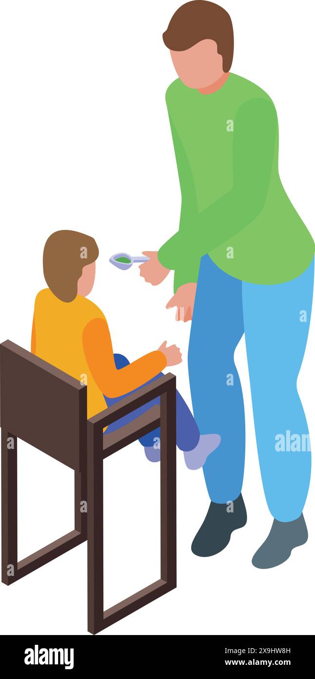 Isometric illustration of an adult handing medicine to a child seated ...