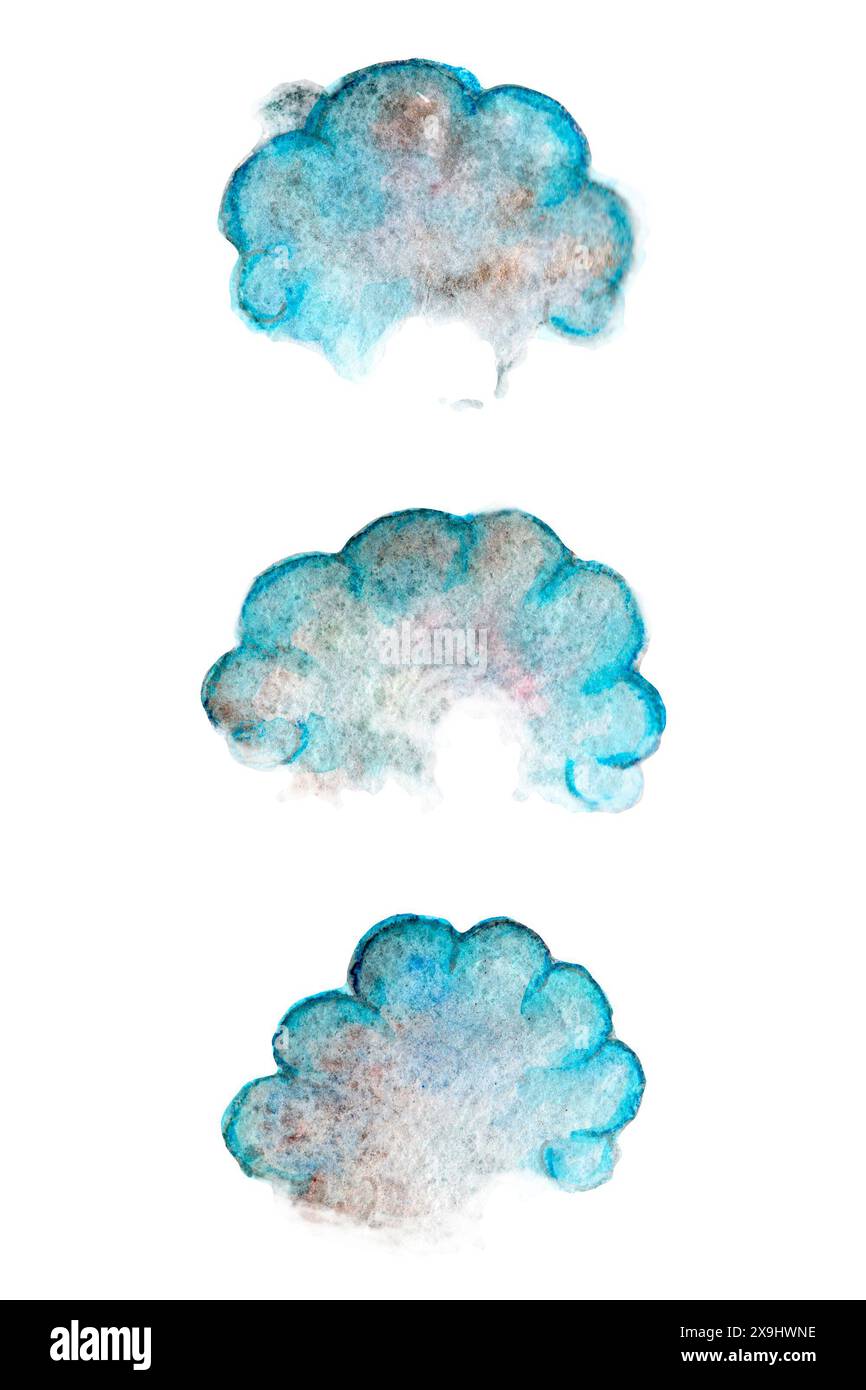 An image of three watercolor clouds in shades of blue and white on a white backdrop, suitable for art and decor Stock Photo
