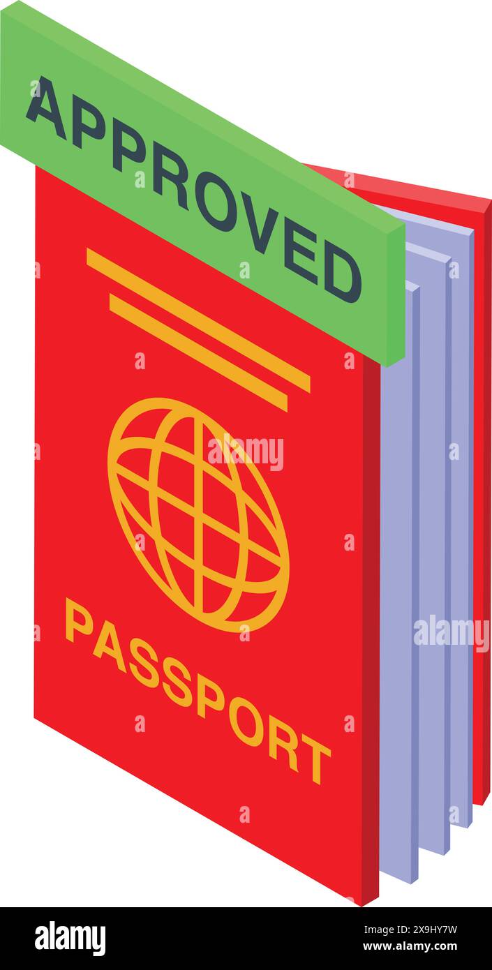 Colorful isometric vector illustration of approved passport stamp for travel document