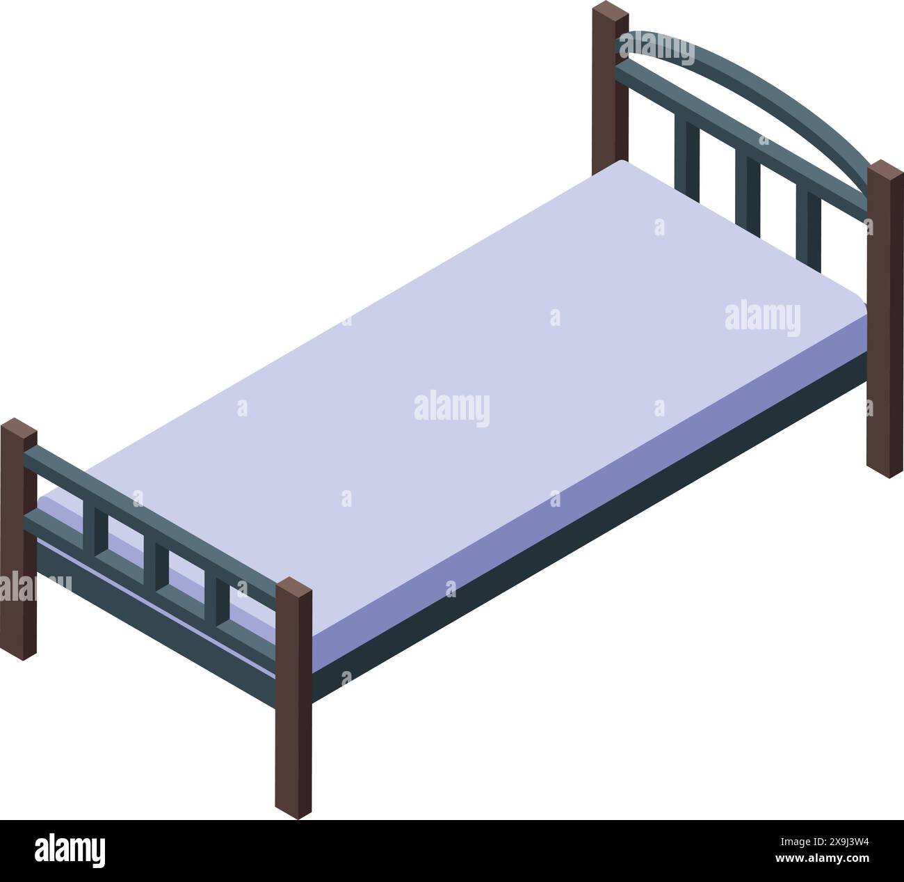 Detailed isometric view of a single bed with a blue frame and white ...