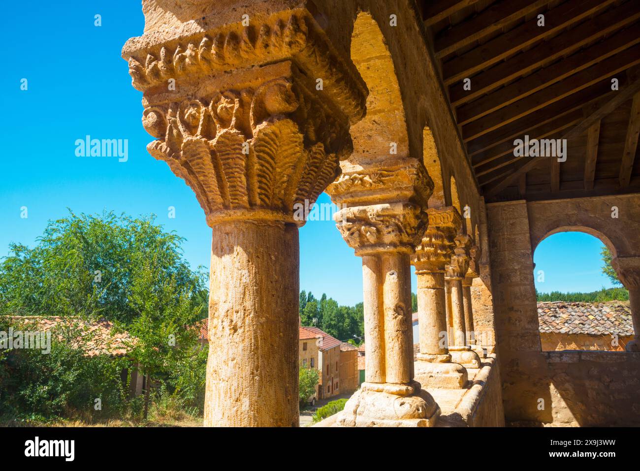 Capitals. Atrium of San Miguel Arcangel church, Andaluz, Soria province, Spain. Stock Photo