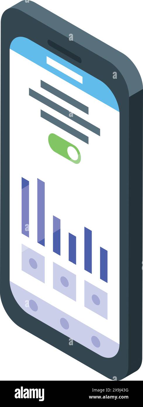 Isometric design of a modern smartphone displaying graphs and data for business analytics Stock Vector