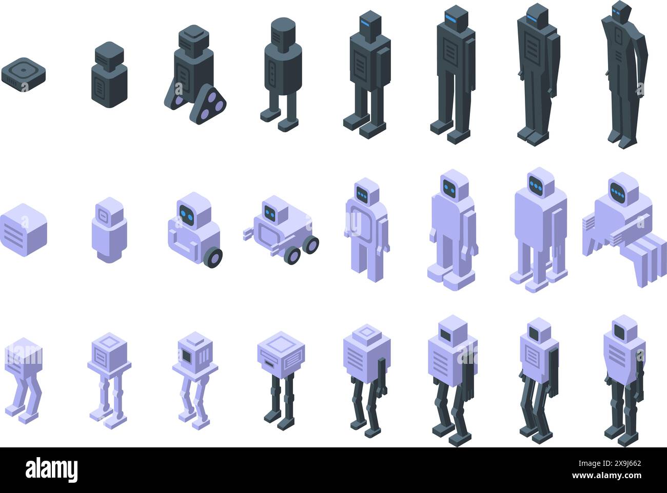 Robot evolution icons isometric set vector. A series of robot figures in various stages of development. The first figure is a small robot with a box on its head, and the last figure is a large robot with a box on its head Stock Vector