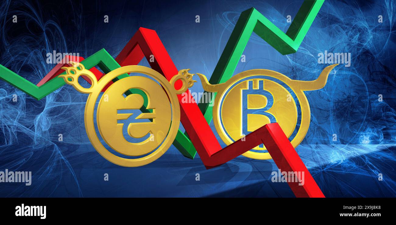 bullish btc to bearish uah currency. foreign exchange market 3d illustration of bitcoin to ukrainian hryvnia. money represented  as golden coins Stock Photo