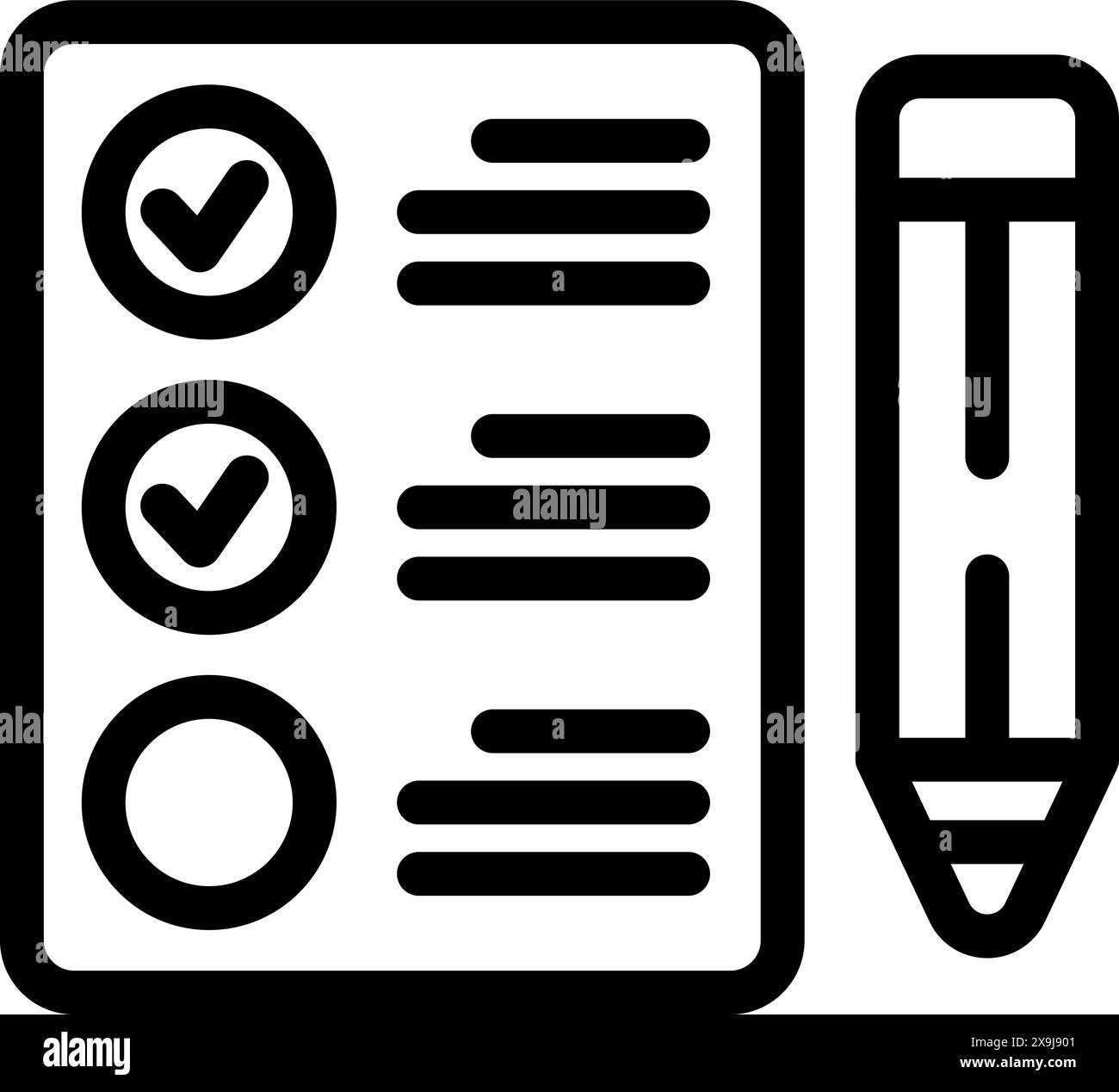 Black and white icon representing a checklist with checked boxes and a pencil Stock Vector