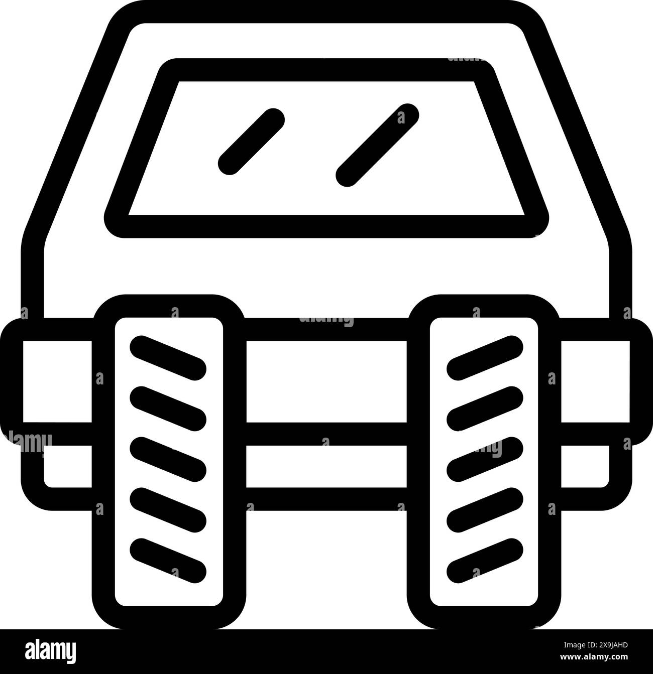 Black and white line art illustration of a simplified, geometric suv vehicle icon Stock Vector