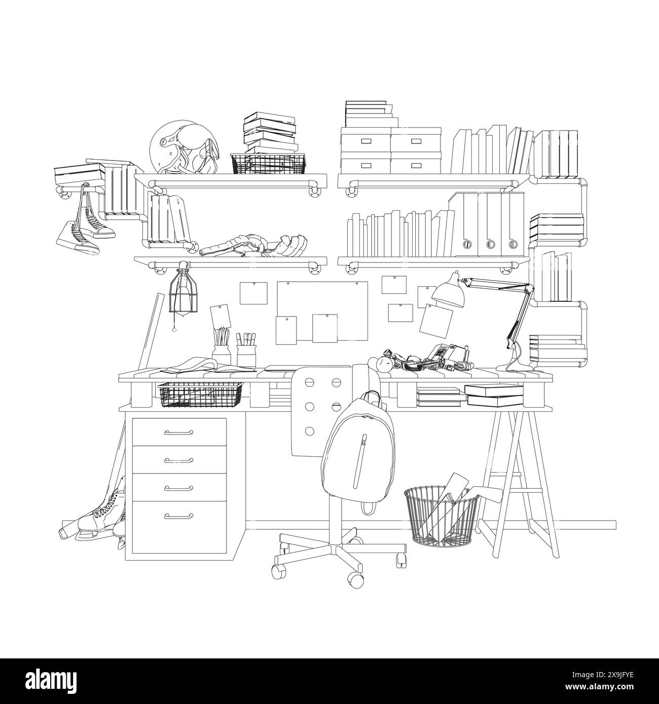 Vector illustration of a teenager's room interior made of black lines isolated on a white background. A table with many books, educational supplies an Stock Vector