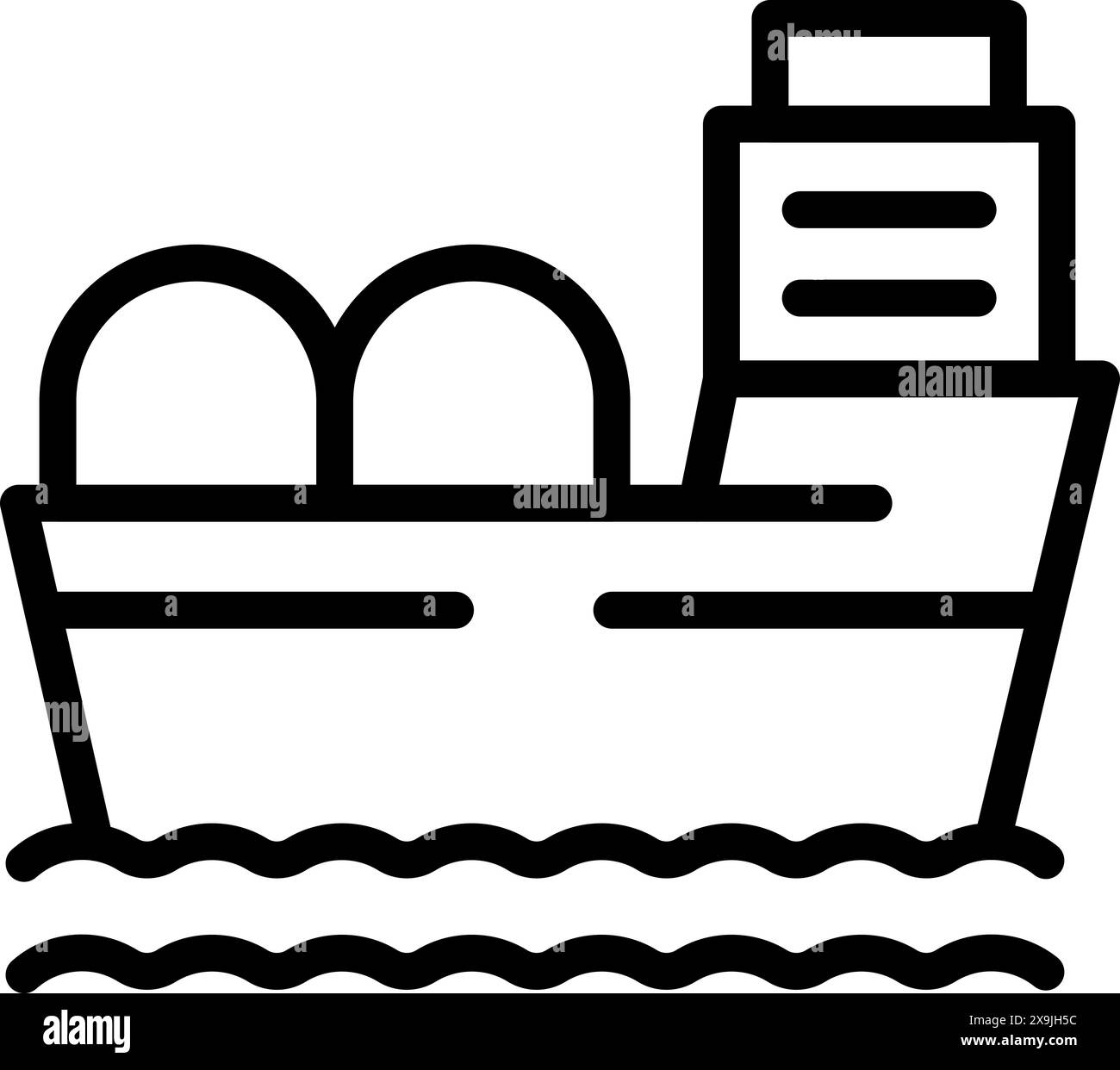 Black and white line art of a cargo ship with containers on calm waters ...