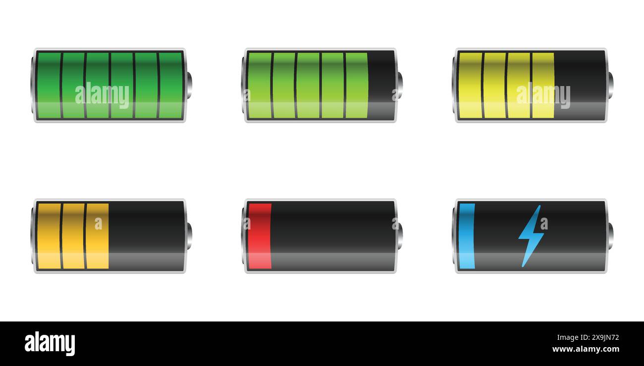 Realistic alkaline battery set icon in flat style. Different size accumulator vector illustration on isolated background. Accumulator recharge sign bu Stock Vector