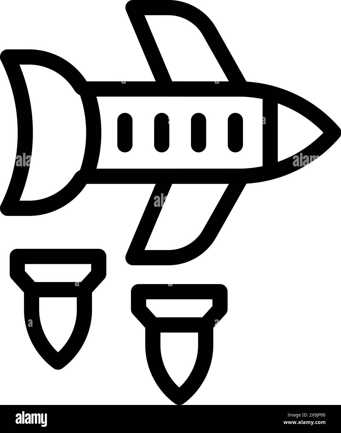 Vector illustration of a stylized rocket with two bombs, in a bold black and white line art style Stock Vector