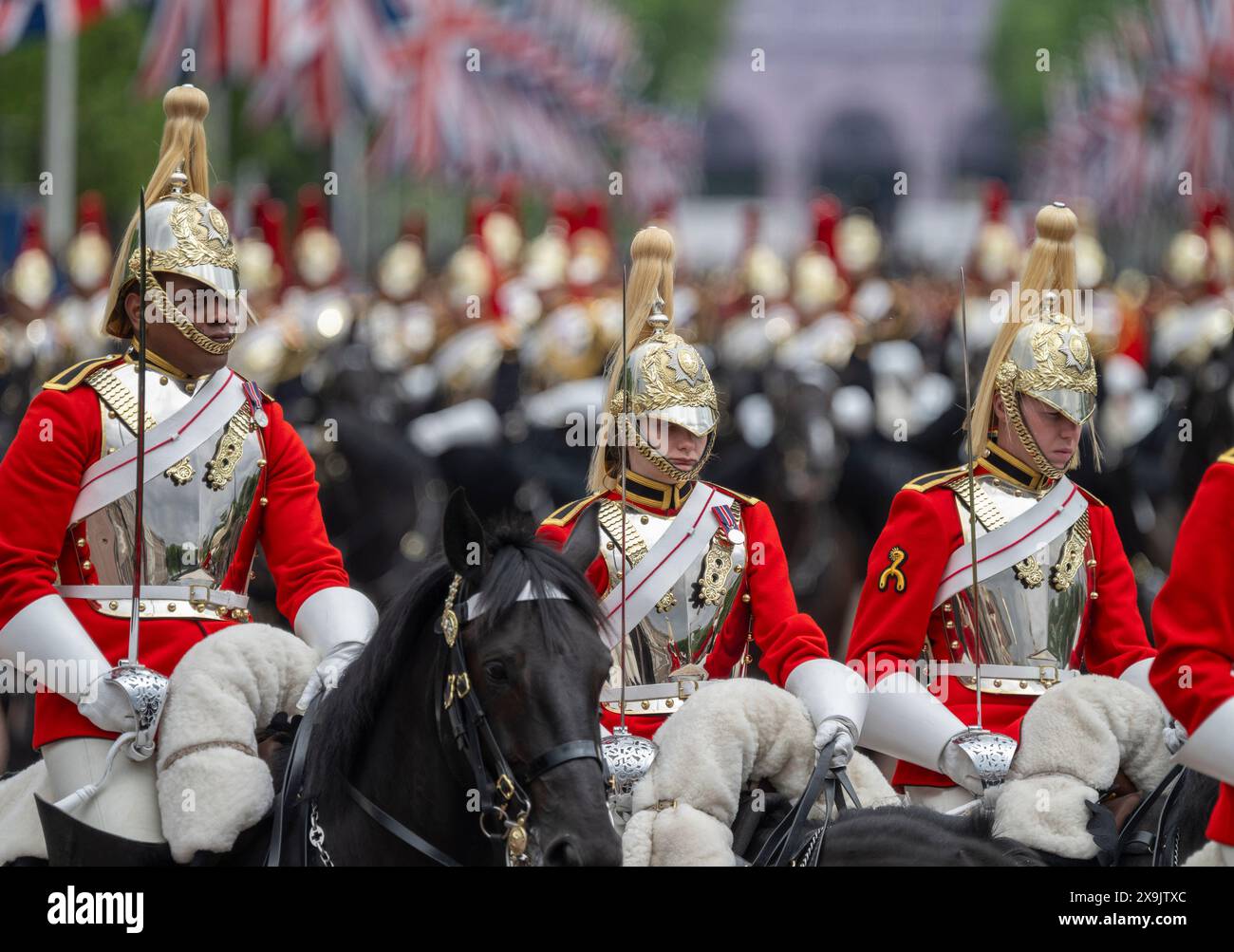 Queen Victoria Memorial, London, UK. 1st June, 2024. The Major General’s Review of the Trooping of the Colour for the King’s Birthday Parade takes place. This rehearsal is the first of two formal reviews in full dress uniform of the troops and horses before parading for HM The King’s Official Birthday Parade on the 15th June. The soldiers are inspected by Major General James Bowder OBE, The Major General Commanding the Household Division. Photograph of the event from the Queen Victoria Memorial in front of Buckingham Palace. Credit: Malcolm Park/Alamy Live News Stock Photo