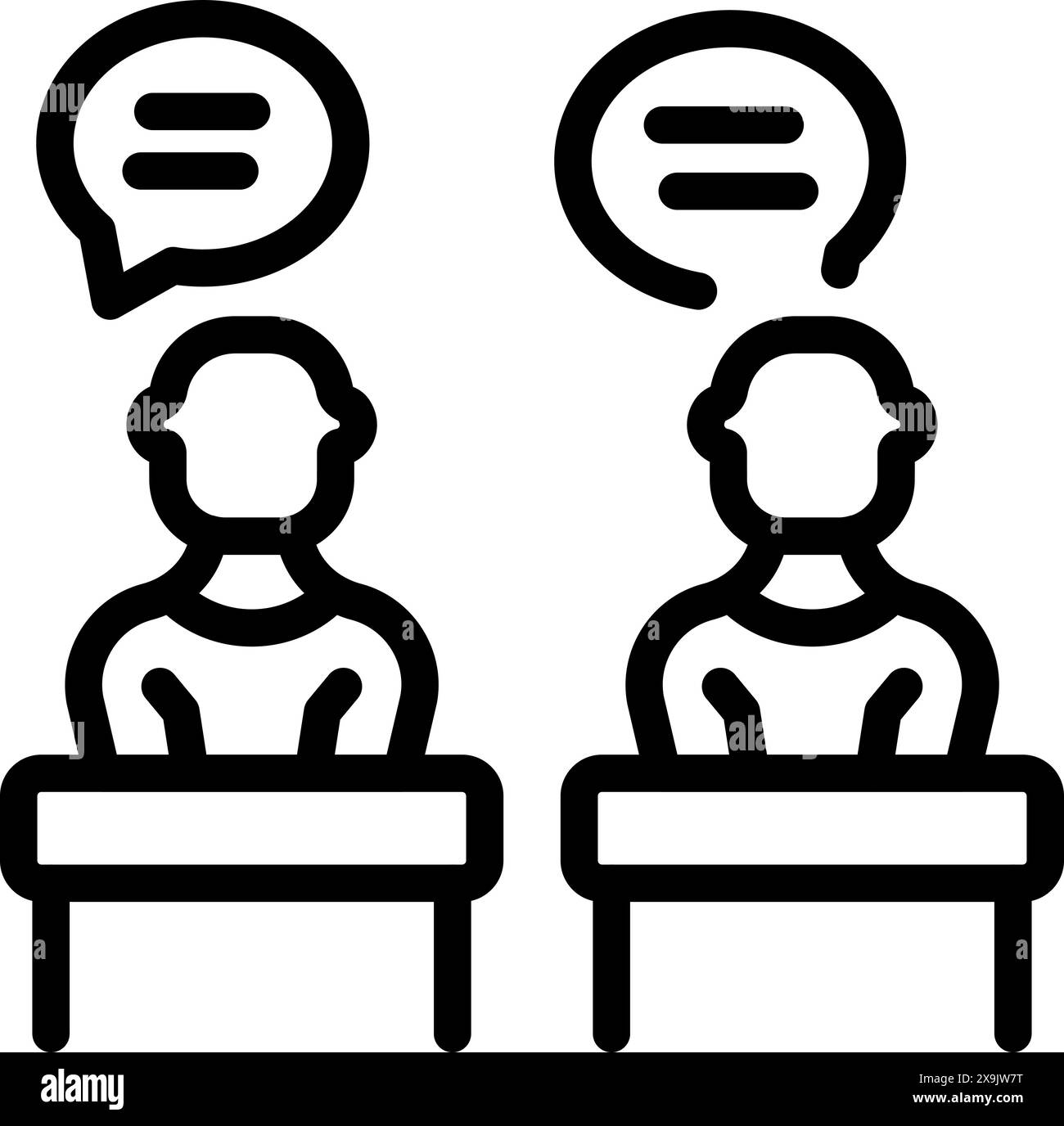 Black and white vector icon depicting a conversation between two individuals with speech bubbles Stock Vector