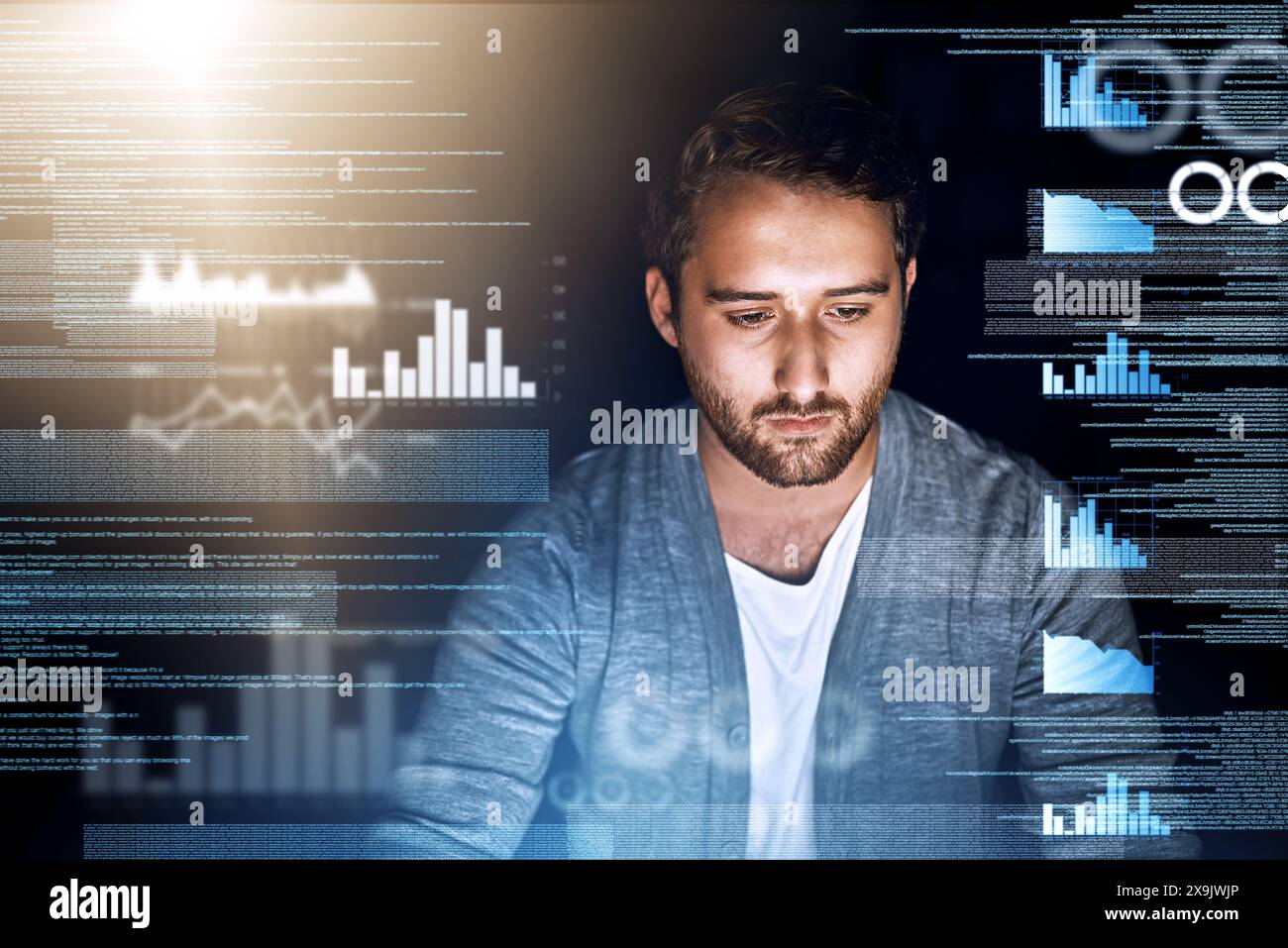 Man, web developer and statistics overlay with coding or script for fintech app and ecommerce software. Male person, programmer and hologram with Stock Photo
