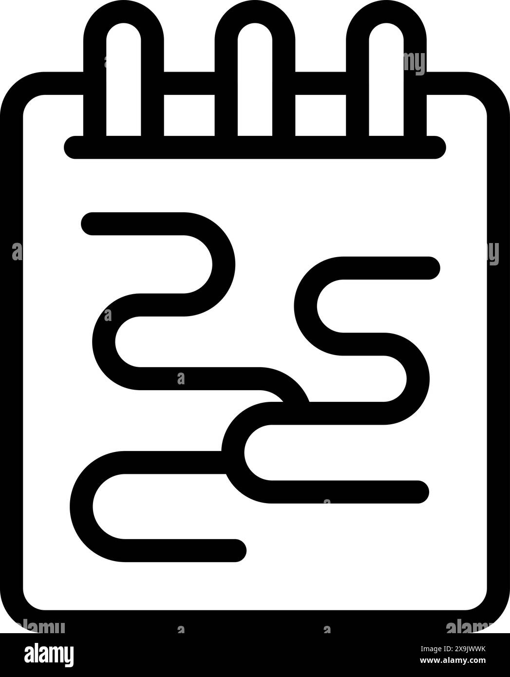 Black and white icon representing a winding river on a notepad page ...
