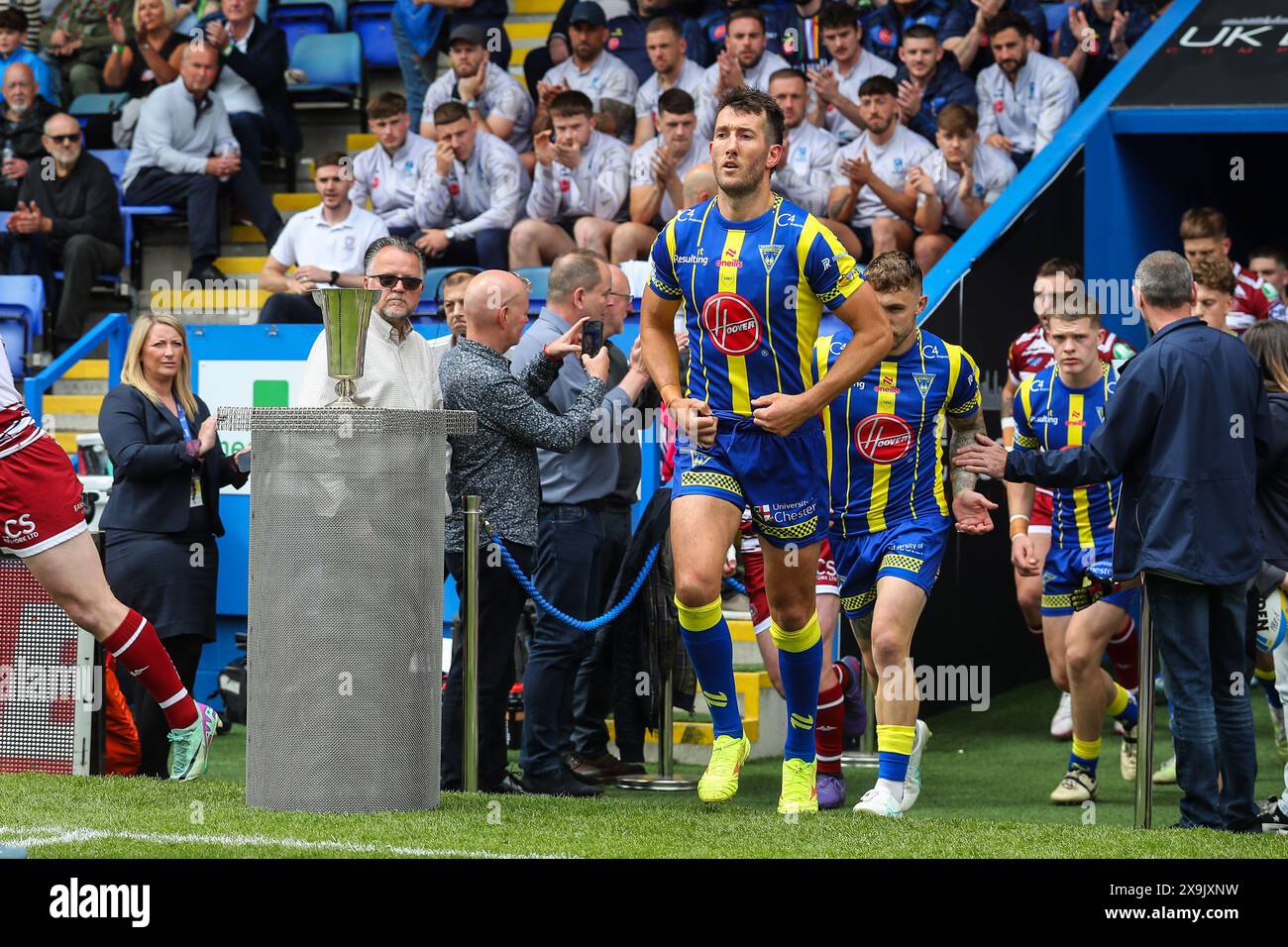 Stefan Ratchford of Warrington Wolves leads his side out during the Betfred Super League Round 13 match Warrington Wolves vs Wigan Warriors at Halliwell Jones Stadium, Warrington, United Kingdom, 1st June 2024  (Photo by Gareth Evans/News Images) in Warrington, United Kingdom on 6/1/2024. (Photo by Gareth Evans/News Images/Sipa USA) Stock Photo