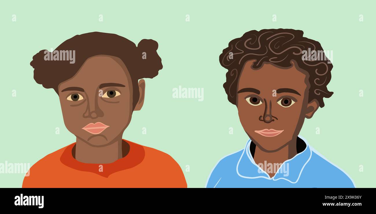 Vector illustration of a portrait of a black boy and girl Stock Vector ...